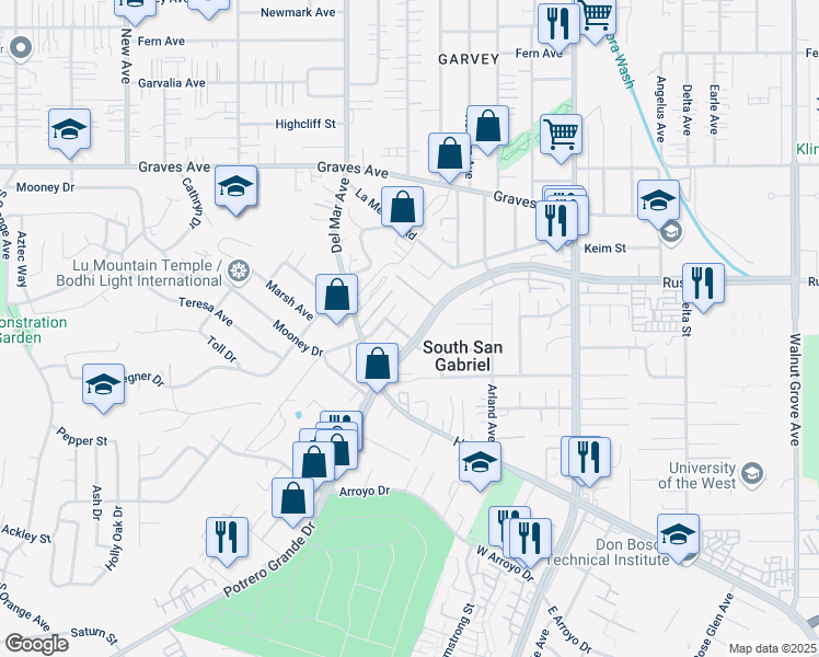 map of restaurants, bars, coffee shops, grocery stores, and more near 7835 Nannestad Street in Rosemead