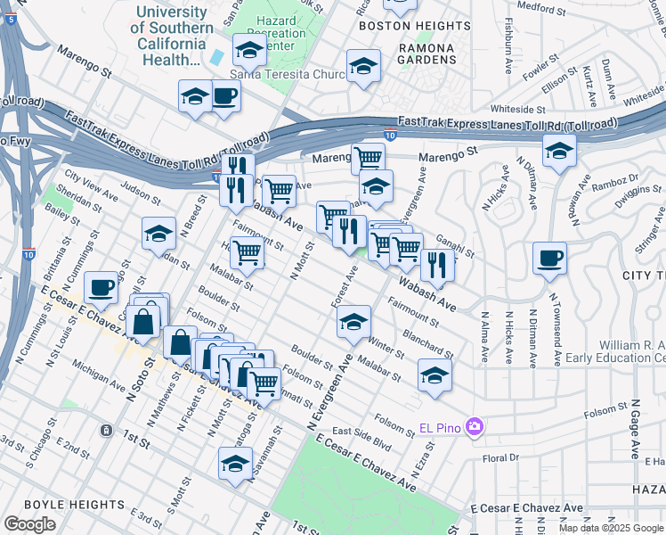 map of restaurants, bars, coffee shops, grocery stores, and more near 2722 Fairmount Street in Los Angeles