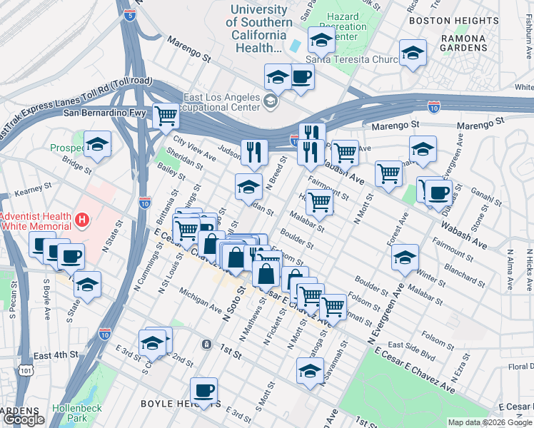 map of restaurants, bars, coffee shops, grocery stores, and more near in Los Angeles