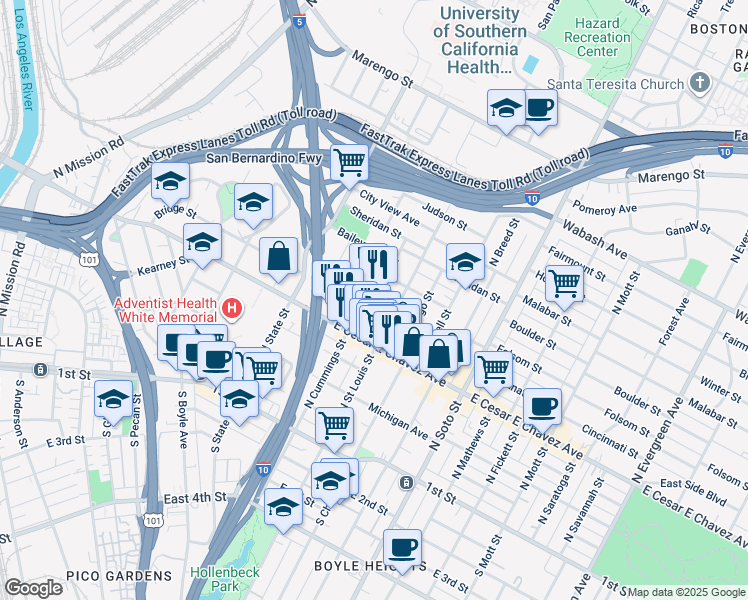 map of restaurants, bars, coffee shops, grocery stores, and more near 600 North Cummings Street in Los Angeles
