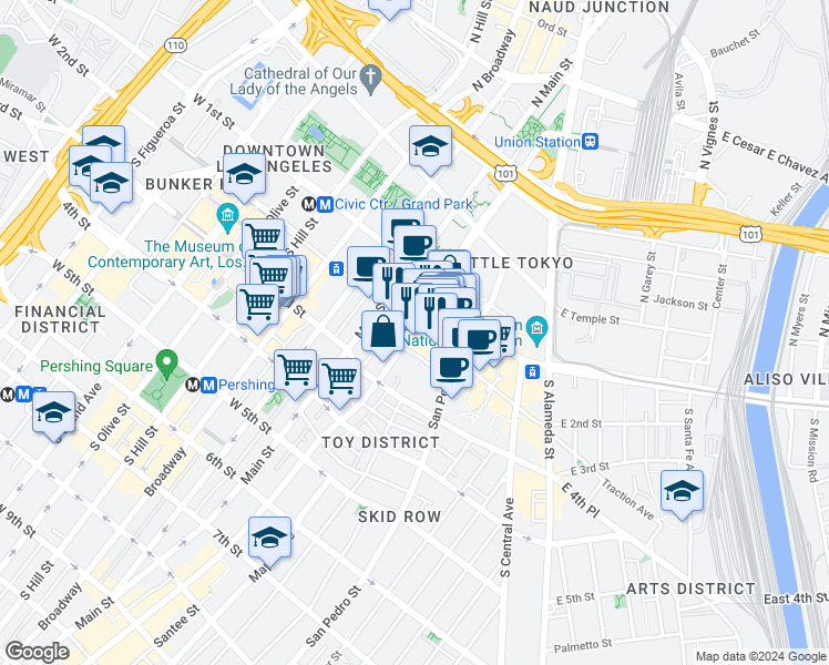 map of restaurants, bars, coffee shops, grocery stores, and more near 200 South Los Angeles Street in Los Angeles