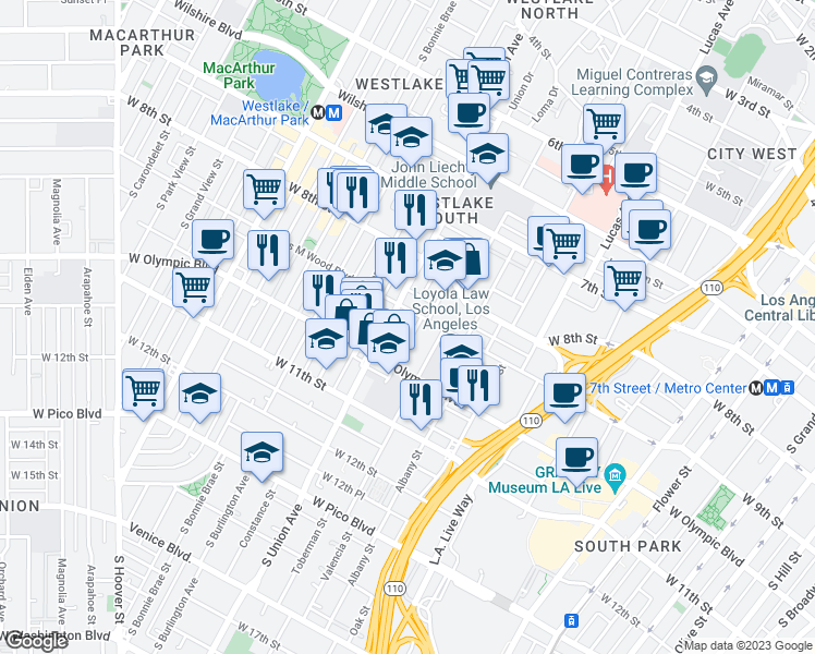 map of restaurants, bars, coffee shops, grocery stores, and more near 936s South Union Avenue in Los Angeles