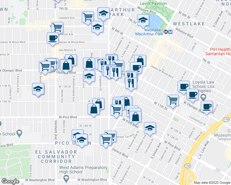 map of restaurants, bars, coffee shops, grocery stores, and more near in Los Angeles