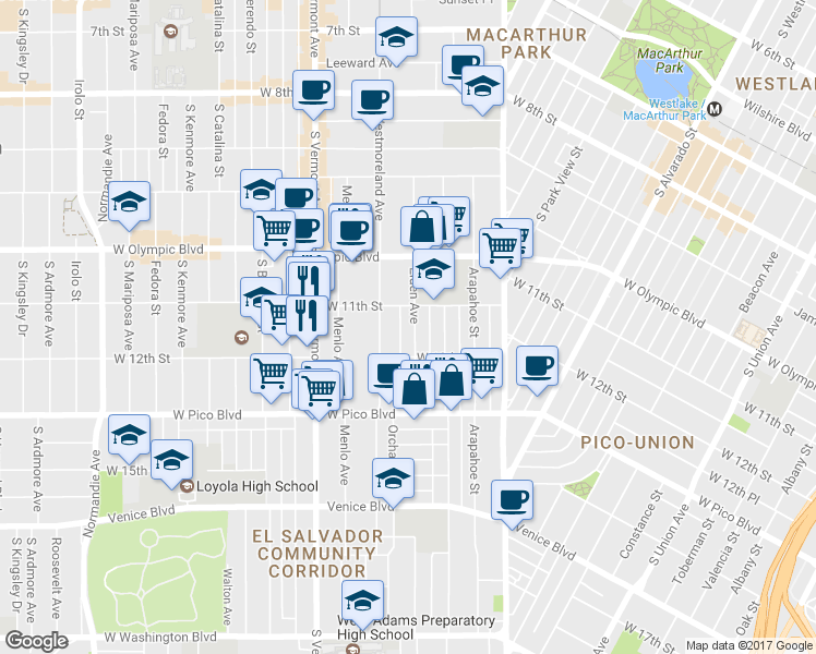 map of restaurants, bars, coffee shops, grocery stores, and more near 1126 South Westmoreland Avenue in Los Angeles