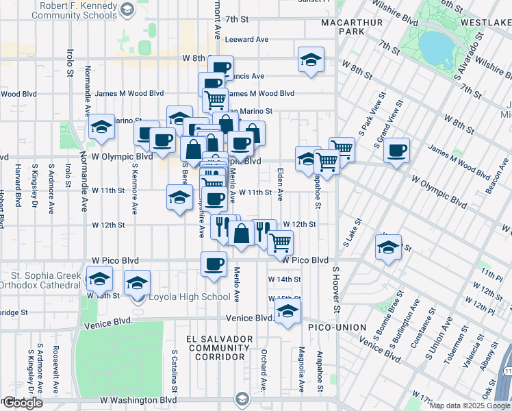 map of restaurants, bars, coffee shops, grocery stores, and more near 1118 1/2 Menlo Avenue in Los Angeles