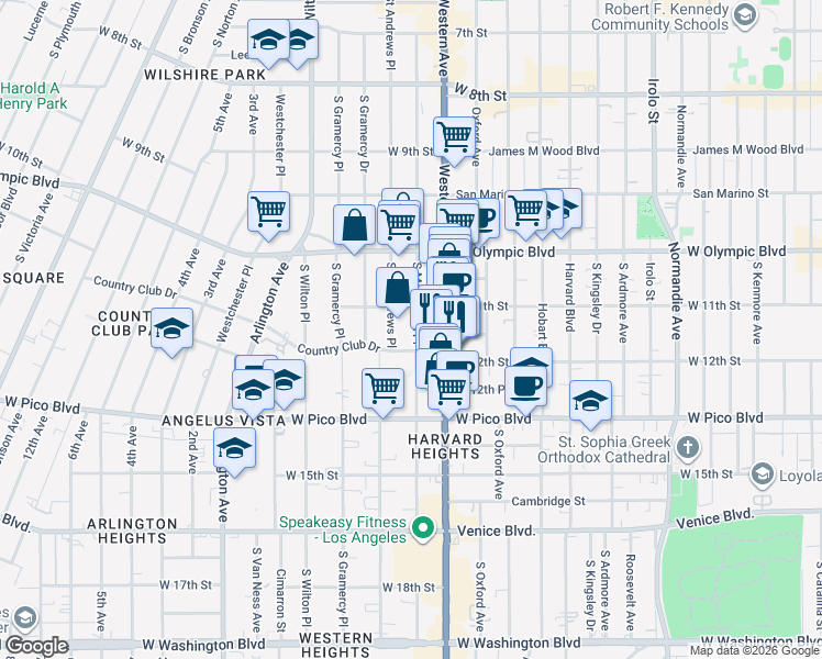 map of restaurants, bars, coffee shops, grocery stores, and more near 1128 South Saint Andrews Place in Los Angeles
