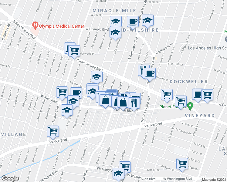 map of restaurants, bars, coffee shops, grocery stores, and more near in Los Angeles