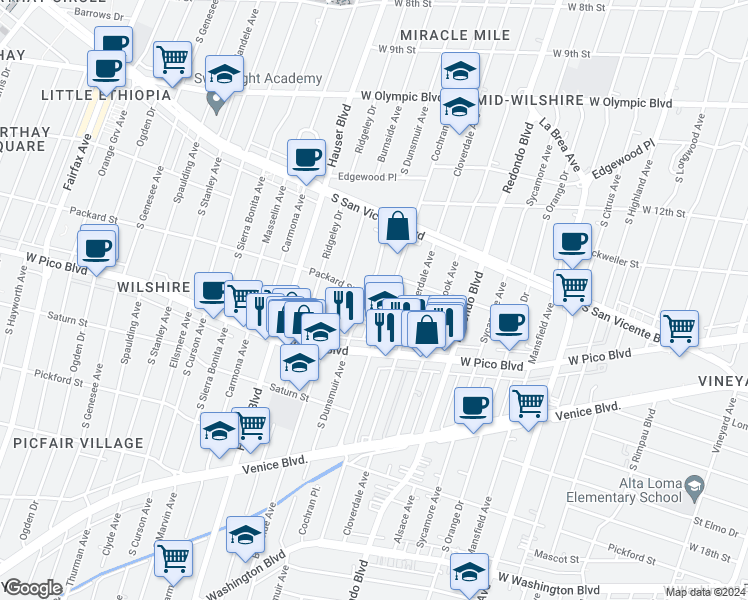 map of restaurants, bars, coffee shops, grocery stores, and more near 5322 Packard Street in Los Angeles