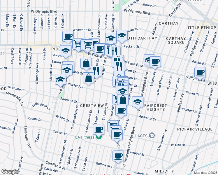 map of restaurants, bars, coffee shops, grocery stores, and more near 8576 Horner Street in Los Angeles