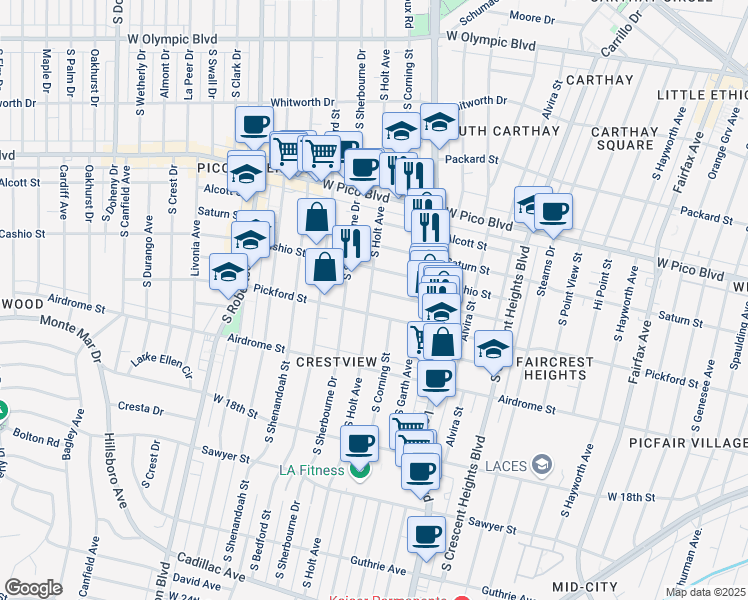 map of restaurants, bars, coffee shops, grocery stores, and more near 8576 Horner Street in Los Angeles