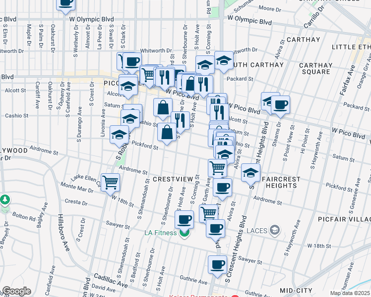 map of restaurants, bars, coffee shops, grocery stores, and more near 1542 1/2 South Sherbourne Drive in Los Angeles