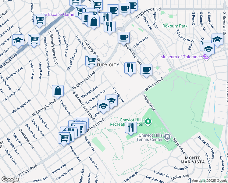 map of restaurants, bars, coffee shops, grocery stores, and more near 2325 Fox Hills Drive in Los Angeles