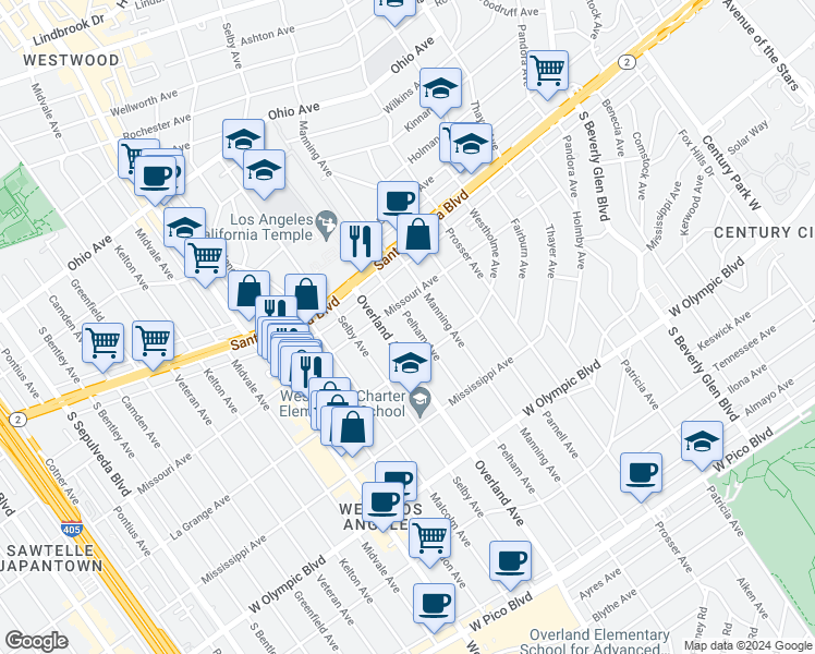 map of restaurants, bars, coffee shops, grocery stores, and more near 1920 Overland Avenue in Los Angeles