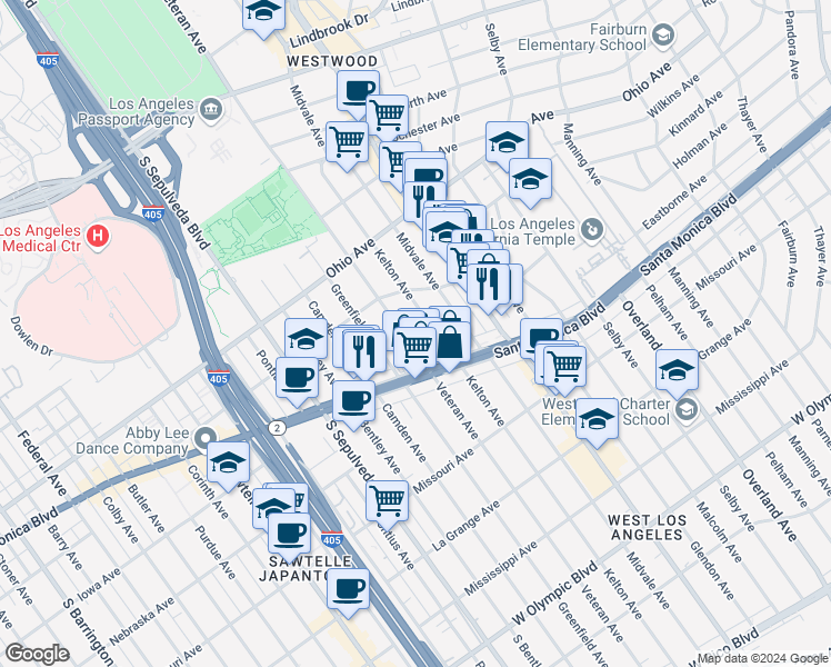 map of restaurants, bars, coffee shops, grocery stores, and more near in Los Angeles