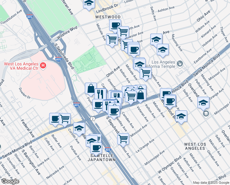 map of restaurants, bars, coffee shops, grocery stores, and more near 1615 Greenfield Avenue in Los Angeles