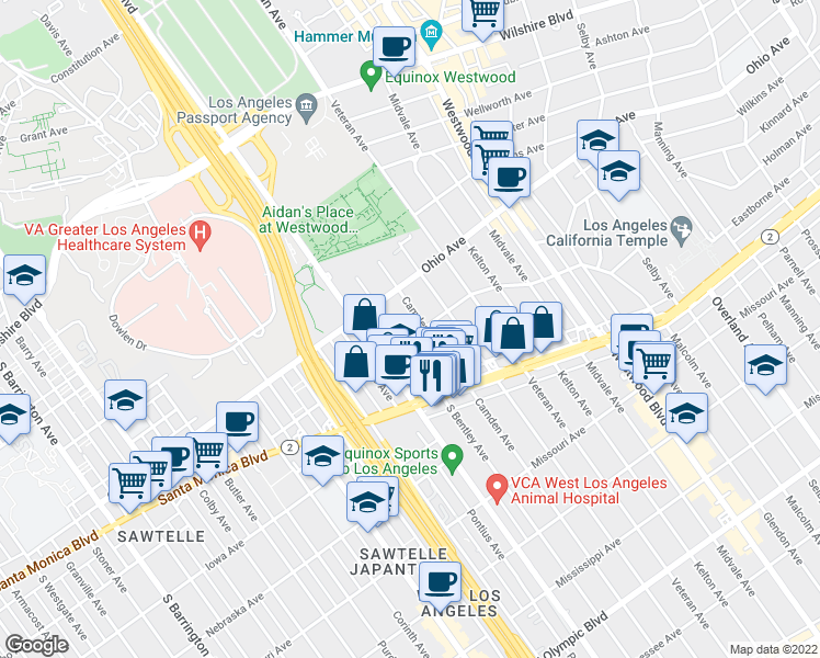 map of restaurants, bars, coffee shops, grocery stores, and more near 11033 Massachusetts Avenue in Los Angeles