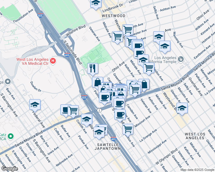 map of restaurants, bars, coffee shops, grocery stores, and more near 11033 Massachusetts Avenue in Los Angeles