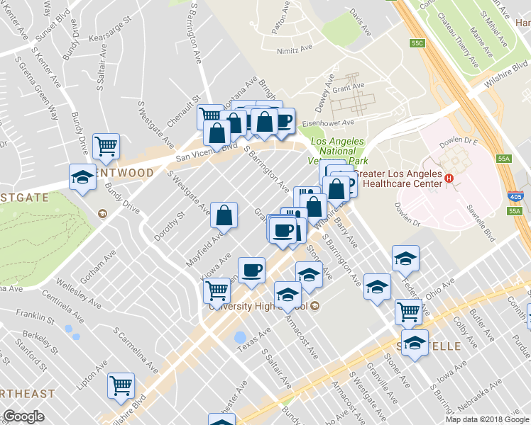 map of restaurants, bars, coffee shops, grocery stores, and more near 11717 Kiowa Avenue in Los Angeles