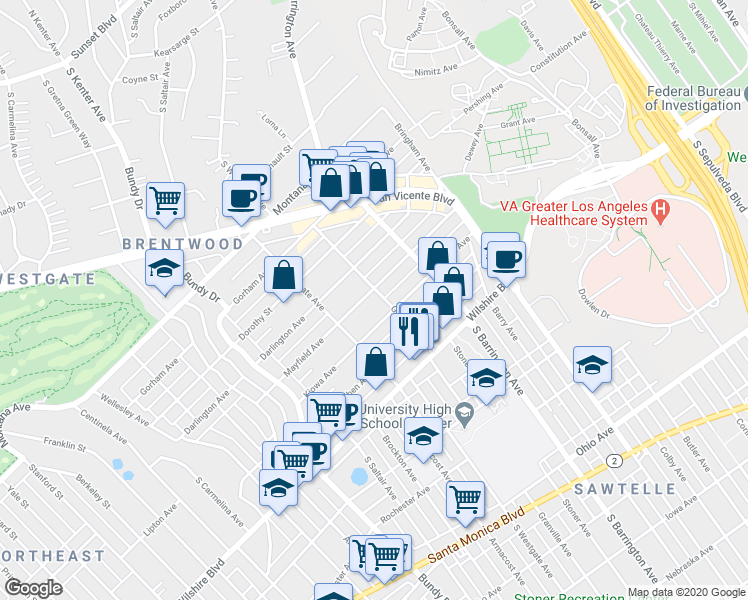 map of restaurants, bars, coffee shops, grocery stores, and more near in Los Angeles