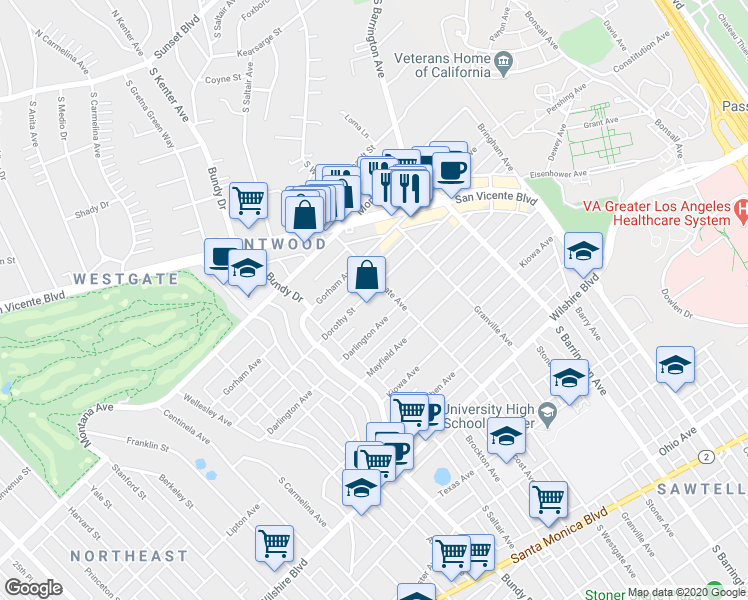 map of restaurants, bars, coffee shops, grocery stores, and more near 11920 Dorothy Street in Los Angeles
