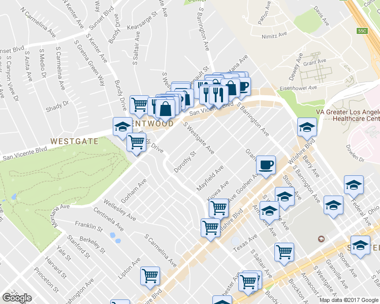 map of restaurants, bars, coffee shops, grocery stores, and more near 11953 Dorothy Street in Los Angeles