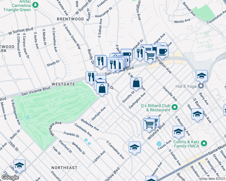 map of restaurants, bars, coffee shops, grocery stores, and more near 836 South Bundy Drive in Los Angeles