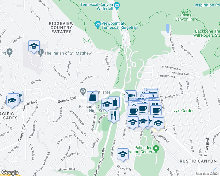 map of restaurants, bars, coffee shops, grocery stores, and more near 902 El Medio Avenue in Los Angeles