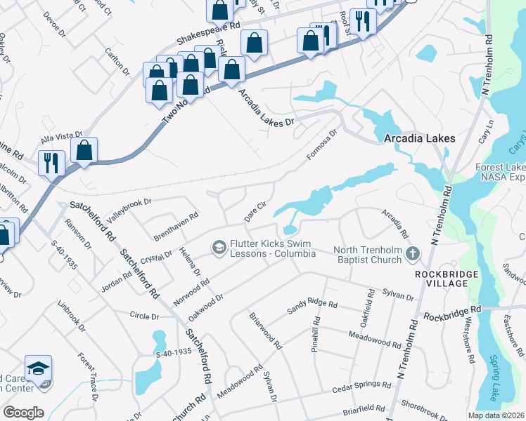 map of restaurants, bars, coffee shops, grocery stores, and more near 6609 Dare Circle in Columbia