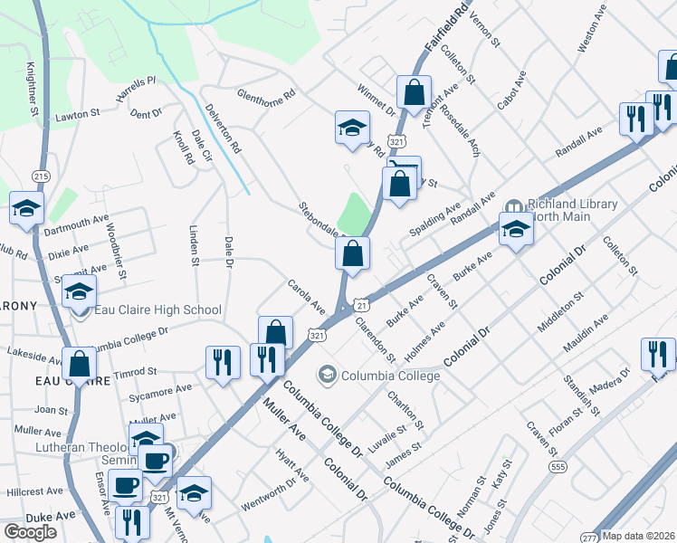 map of restaurants, bars, coffee shops, grocery stores, and more near 4916 Fairfield Road in Columbia