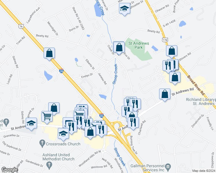 map of restaurants, bars, coffee shops, grocery stores, and more near 3620 Juneau Road in Columbia