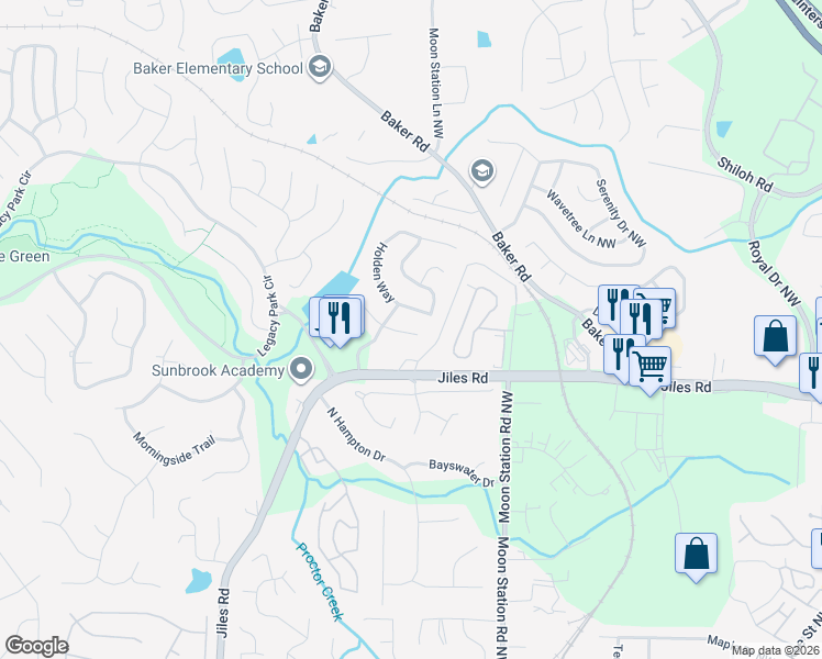 map of restaurants, bars, coffee shops, grocery stores, and more near 2360 Brookgreen Cmns Northwest in Kennesaw