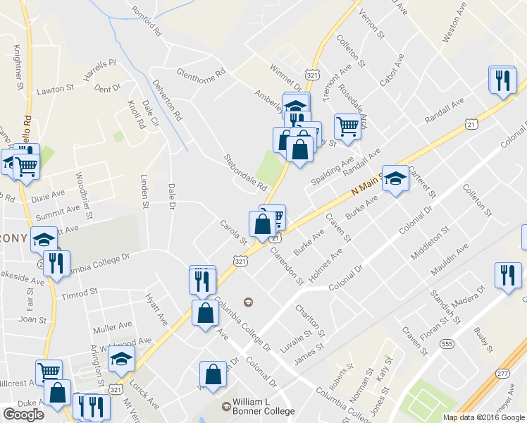 map of restaurants, bars, coffee shops, grocery stores, and more near 4916 Fairfield Road in Columbia