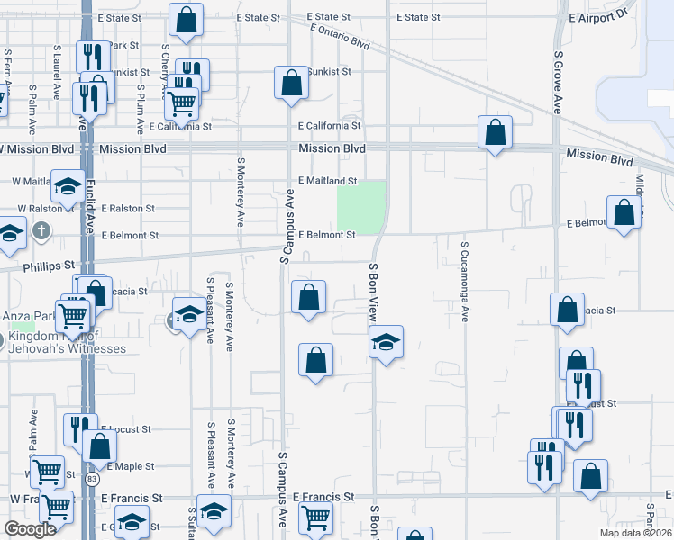 map of restaurants, bars, coffee shops, grocery stores, and more near 818 Woodlawn Street in Ontario