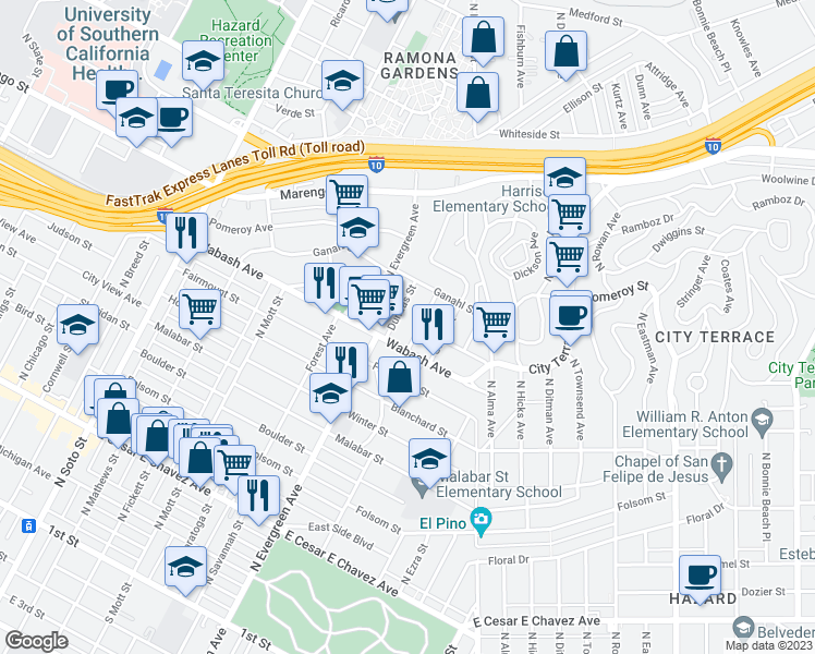map of restaurants, bars, coffee shops, grocery stores, and more near 1023 Sentinel Avenue in Los Angeles