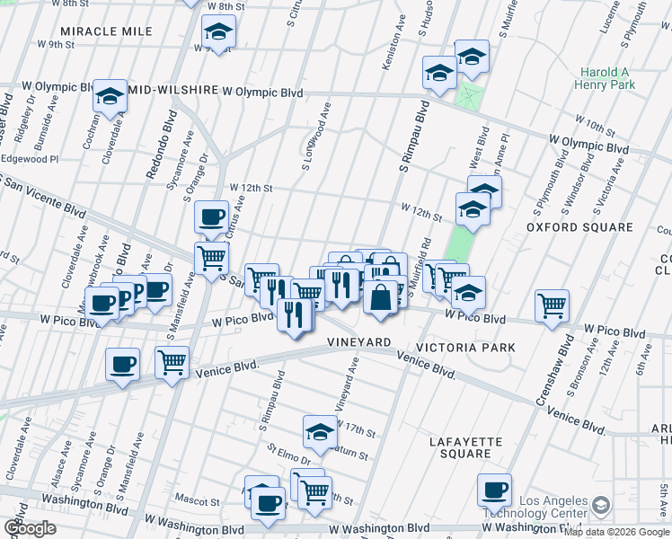 map of restaurants, bars, coffee shops, grocery stores, and more near 1337 South Hudson Avenue in Los Angeles
