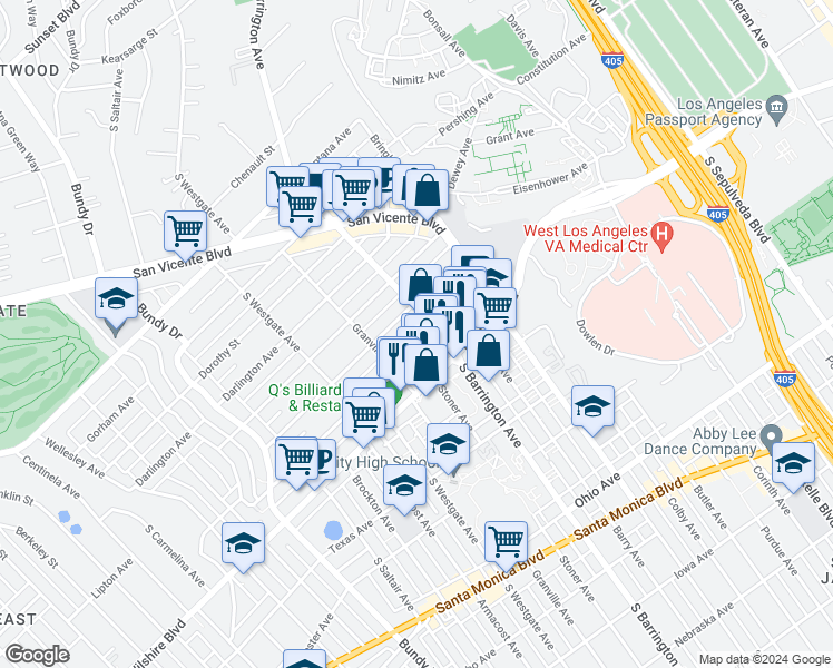 map of restaurants, bars, coffee shops, grocery stores, and more near 11715 Goshen Avenue in Los Angeles