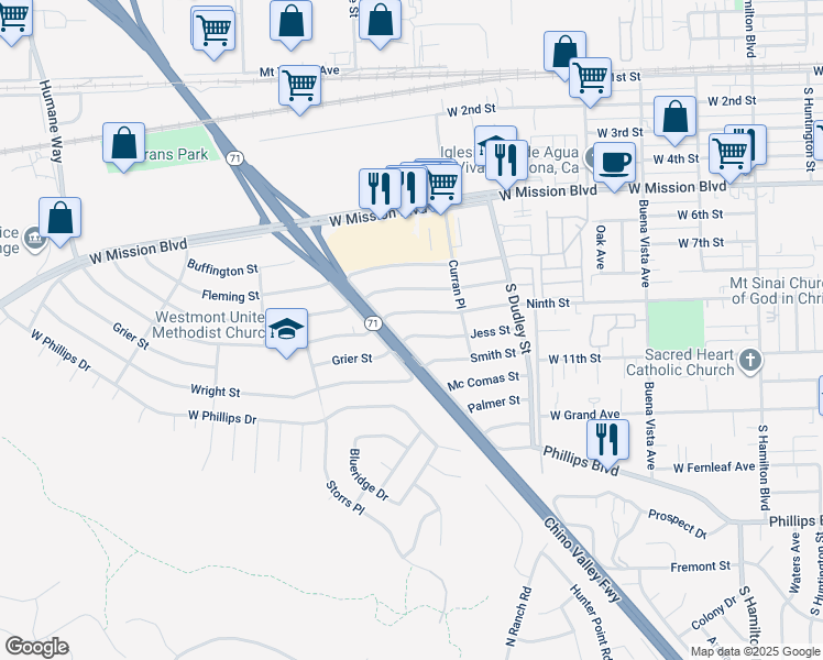 map of restaurants, bars, coffee shops, grocery stores, and more near 1693 Jess Street in Pomona