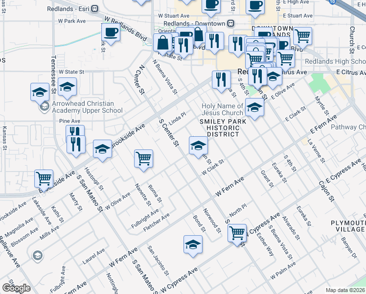 map of restaurants, bars, coffee shops, grocery stores, and more near 135 South Center Street in Redlands