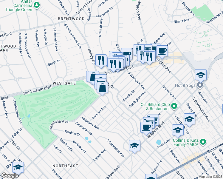 map of restaurants, bars, coffee shops, grocery stores, and more near 809 South Bundy Drive in Los Angeles