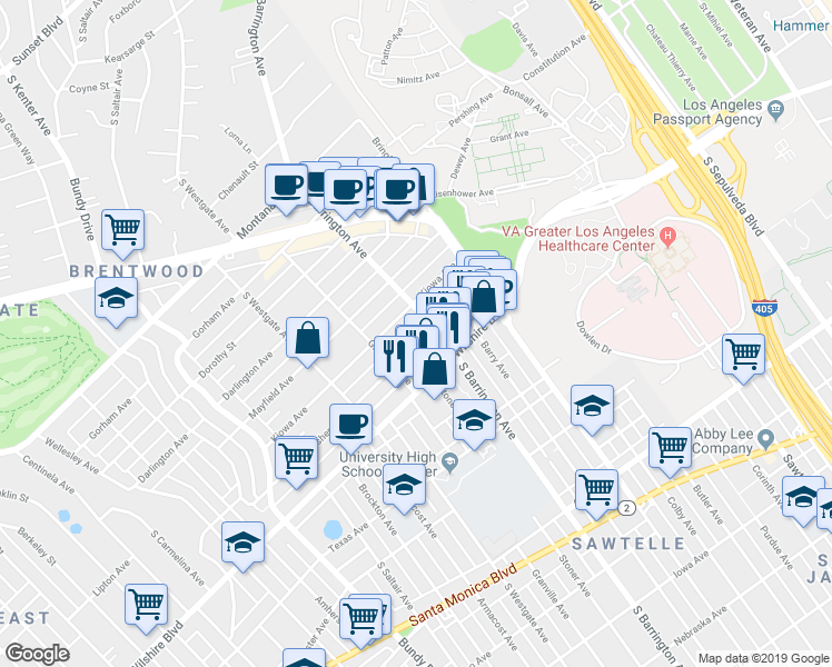 map of restaurants, bars, coffee shops, grocery stores, and more near 11715 Goshen Avenue in Los Angeles