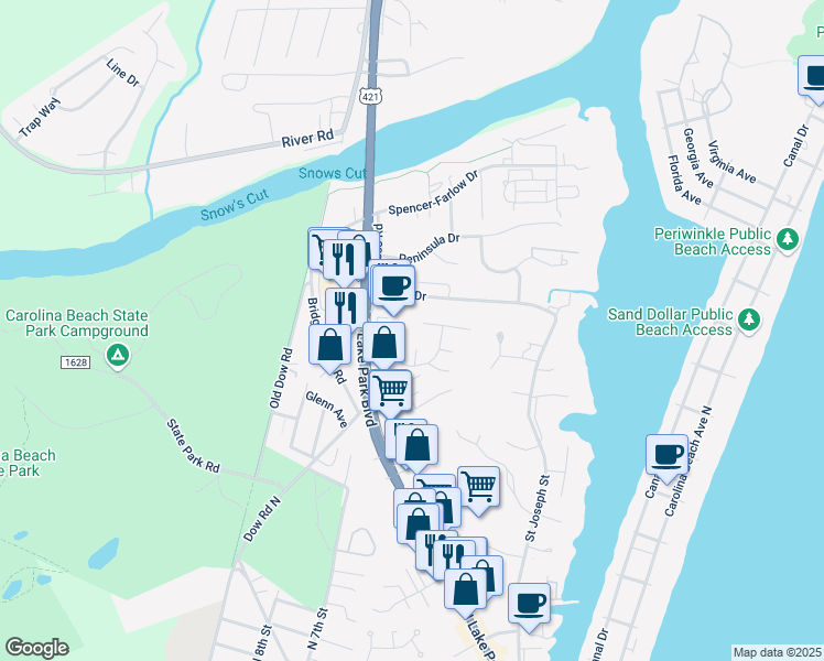 map of restaurants, bars, coffee shops, grocery stores, and more near 507 Jarrett Bay Drive in Carolina Beach