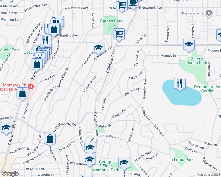 map of restaurants, bars, coffee shops, grocery stores, and more near 1081 South Lincoln Avenue in Monterey Park
