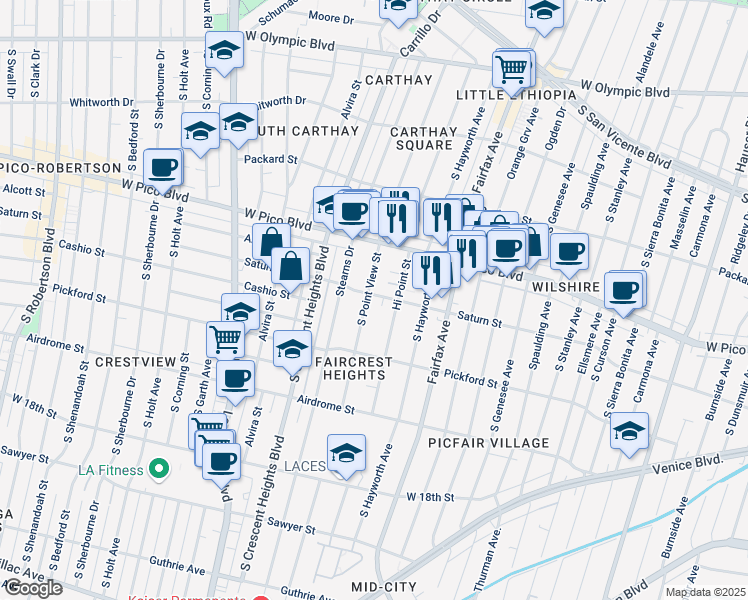 map of restaurants, bars, coffee shops, grocery stores, and more near 1500 South Point View Street in Los Angeles