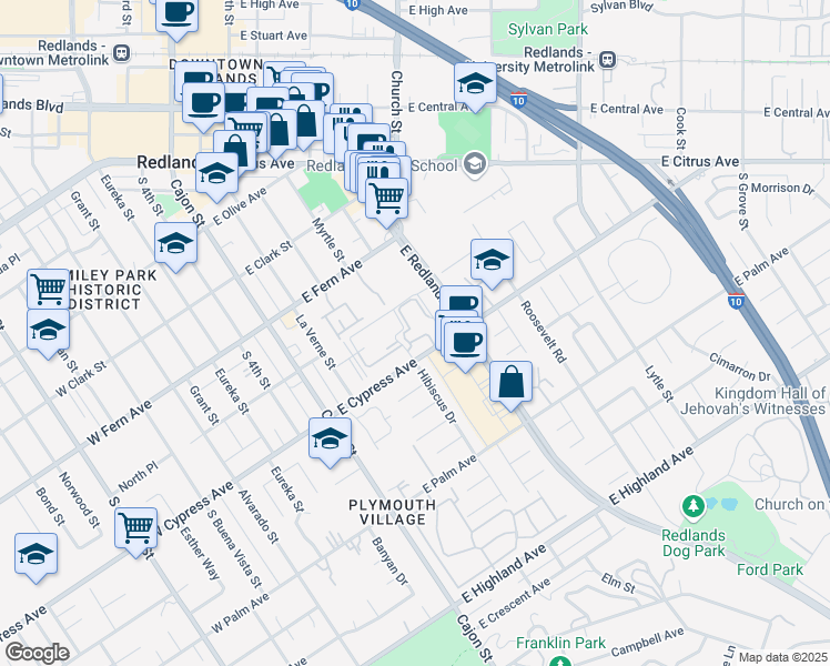 map of restaurants, bars, coffee shops, grocery stores, and more near 528 Hibiscus Drive in Redlands