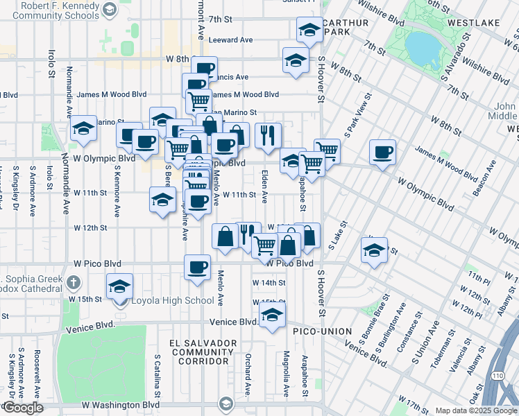map of restaurants, bars, coffee shops, grocery stores, and more near 1131 Elden Avenue in Los Angeles