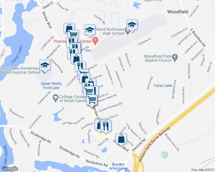 map of restaurants, bars, coffee shops, grocery stores, and more near 1136 Omega Drive in Columbia