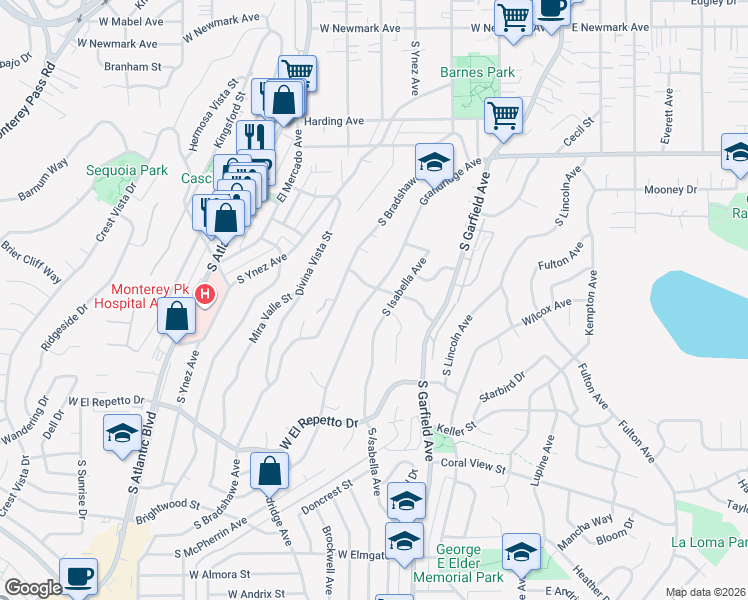 map of restaurants, bars, coffee shops, grocery stores, and more near 1004 Grandridge Avenue in Monterey Park