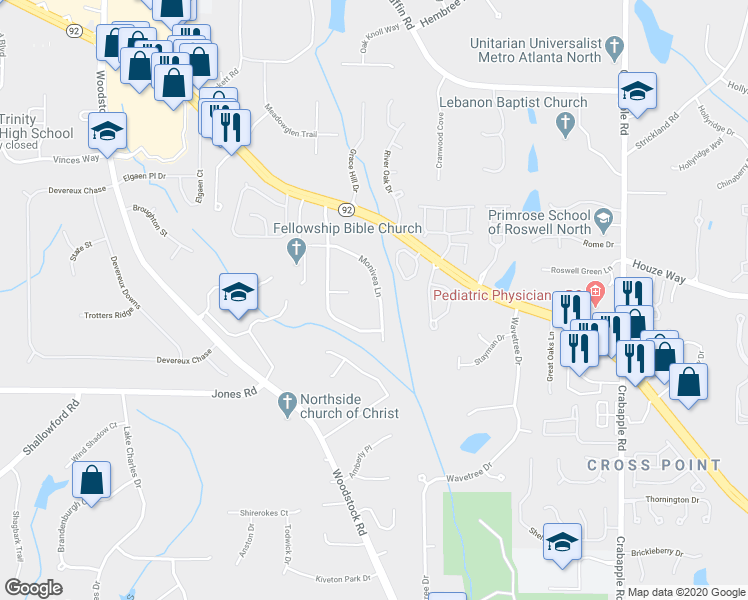 map of restaurants, bars, coffee shops, grocery stores, and more near 320 Monivea Lane in Roswell