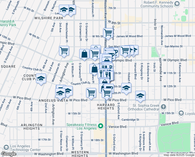 map of restaurants, bars, coffee shops, grocery stores, and more near 1128 South Saint Andrews Place in Los Angeles