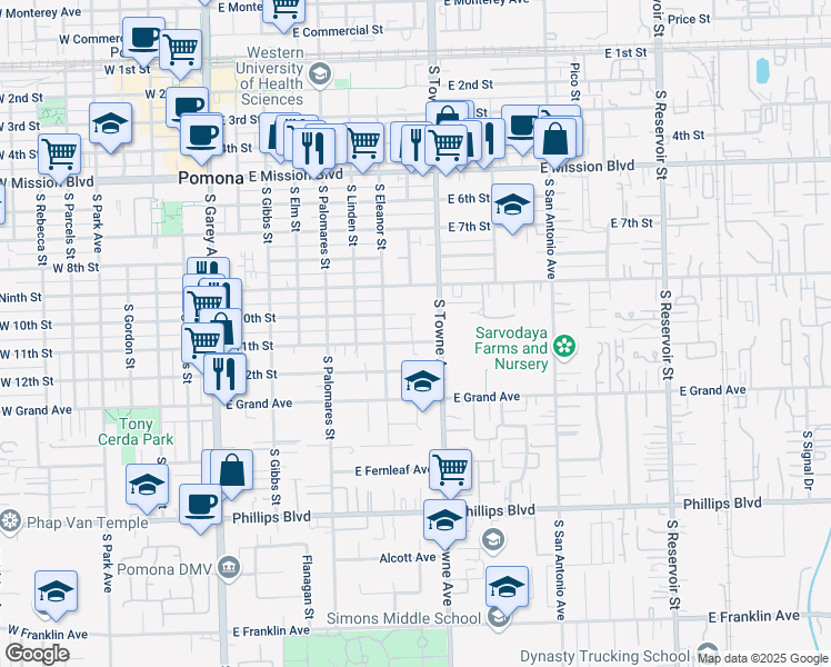 map of restaurants, bars, coffee shops, grocery stores, and more near 755 East 11th Street in Pomona